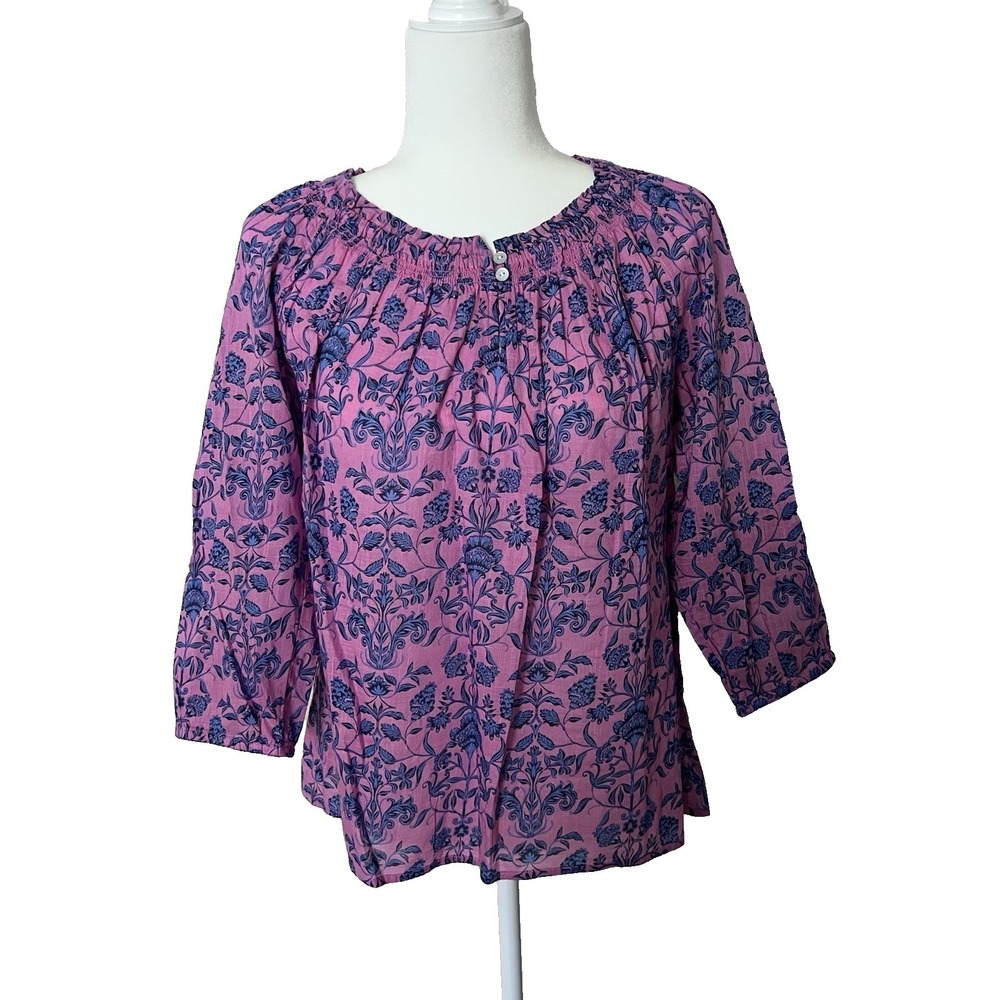 J. Jill Pink Pink Blue‎ Floral 100% Cotton Blouse XS 3/4 Sleeve Button Pleated